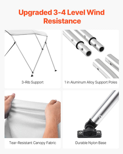 3 Bow Boat Bimini Tops, 600D Polyester Canopy with Aluminum Alloy Frame, Waterproof & Sun Shade Boat Awning Canopy with Storage Bag, 2 Support Poles, 4 Straps, 72"Lx(85"-90")Wx46"H, Light Grey