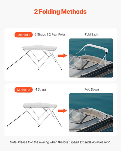 3 Bow Boat Bimini Tops, 600D Polyester Canopy with Aluminum Alloy Frame, Waterproof & Sun Shade Boat Awning Canopy with Storage Bag, 2 Support Poles, 4 Straps, 72"Lx(85"-90")Wx46"H, Light Grey