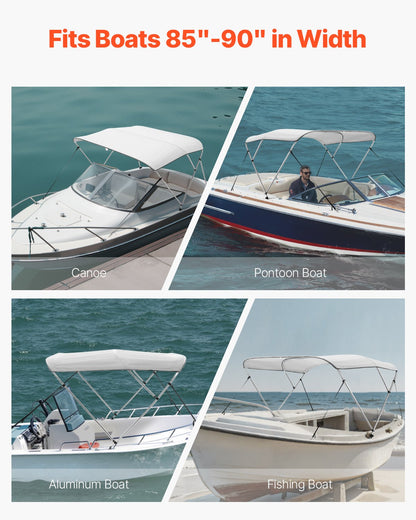 3 Bow Boat Bimini Tops, 600D Polyester Canopy with Aluminum Alloy Frame, Waterproof & Sun Shade Boat Awning Canopy with Storage Bag, 2 Support Poles, 4 Straps, 72"Lx(85"-90")Wx46"H, Light Grey