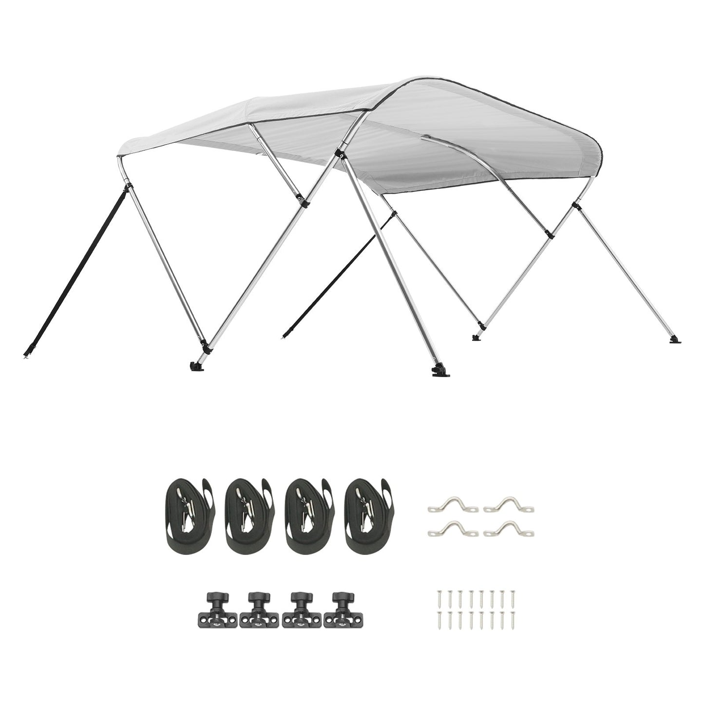 3 Bow Boat Bimini Tops, 600D Polyester Canopy with Aluminum Alloy Frame, Waterproof & Sun Shade Boat Awning Canopy with Storage Bag, 2 Support Poles, 4 Straps, 72"Lx(85"-90")Wx46"H, Light Grey