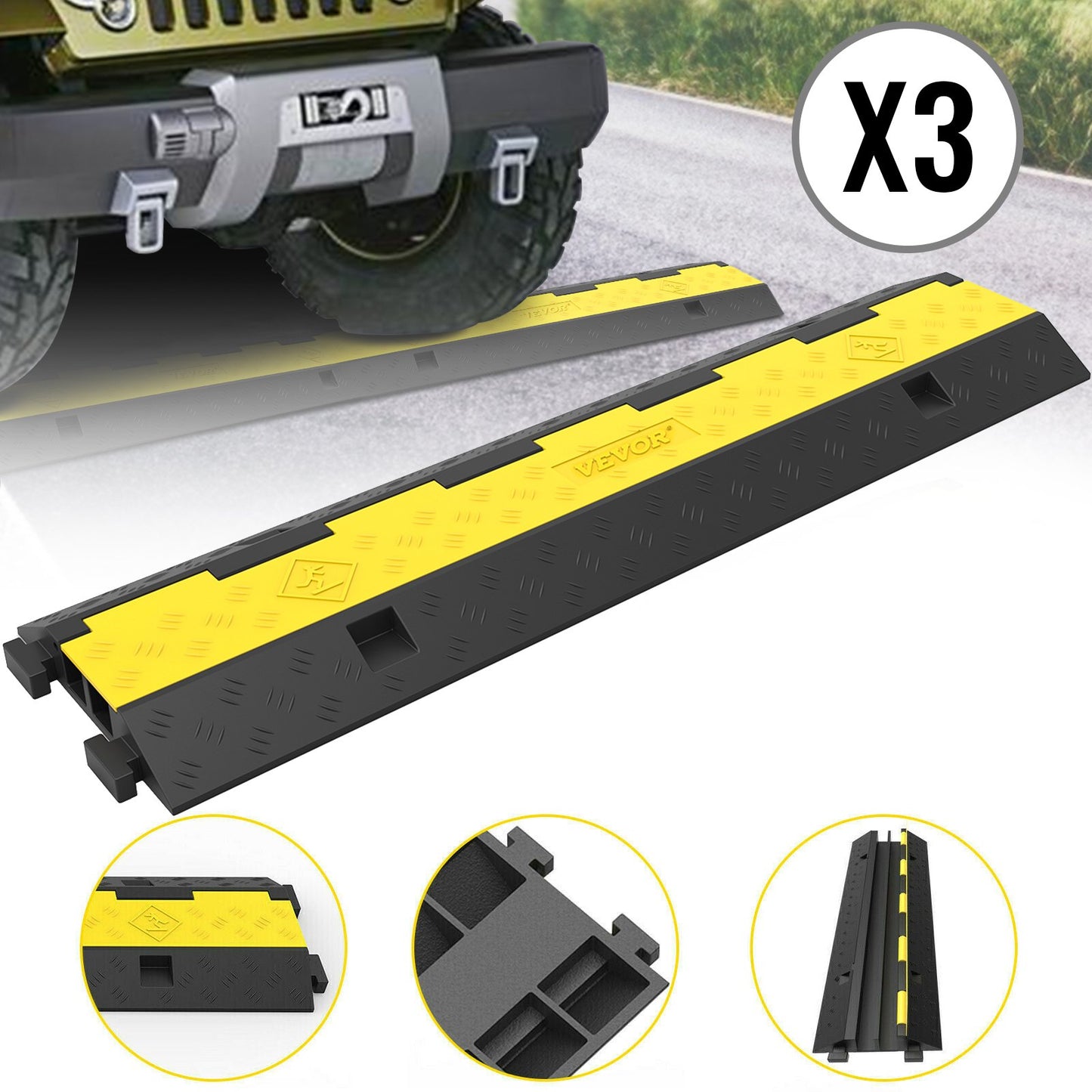 Cable Protector 101x24.5x5cm 3 Pack of 2 4989.5 kg per Axle Capacity Protective Wire Cord Ramp Driveway Rubber Traffic Speed Bumps