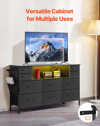 Kommode mit 10 Schubladen, Stoffkommode mit Stoffboxen, Kleiderschrankschubladen mit offenem Ablagefach, LED-Beleuchtung und integrierter Steckdose, Stoffaufbewahrungsturm für Schlafzimmer, Flur, Kleiderschrank, Schwarz