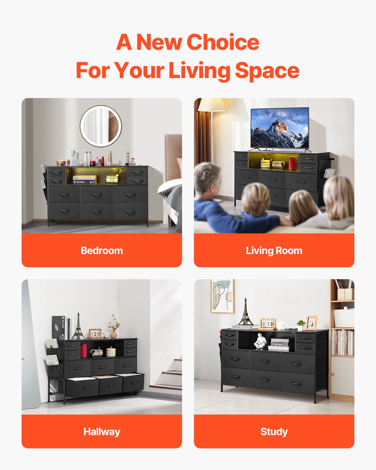 Kommode mit 10 Schubladen, Stoffkommode mit Stoffboxen, Kleiderschrankschubladen mit offenem Ablagefach, LED-Beleuchtung und integrierter Steckdose, Stoffaufbewahrungsturm für Schlafzimmer, Flur, Kleiderschrank, Schwarz