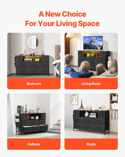 Kommode mit 10 Schubladen, Stoffkommode mit Stoffboxen, Kleiderschrankschubladen mit offenem Ablagefach, LED-Beleuchtung und integrierter Steckdose, Stoffaufbewahrungsturm für Schlafzimmer, Flur, Kleiderschrank, Schwarz