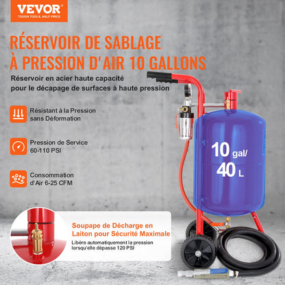 10-Gallonen/40-Liter-Sandstrahlgerät mit Düsenabsperrventil, Manometer, Keramikdüse, 2,5-m-Schlauch, Einfülltrichter, Wasserabscheider, 6-Zoll-Gummirädern, Grit Power Sandstrahlgerät, tragbares Sandstrahlgerät