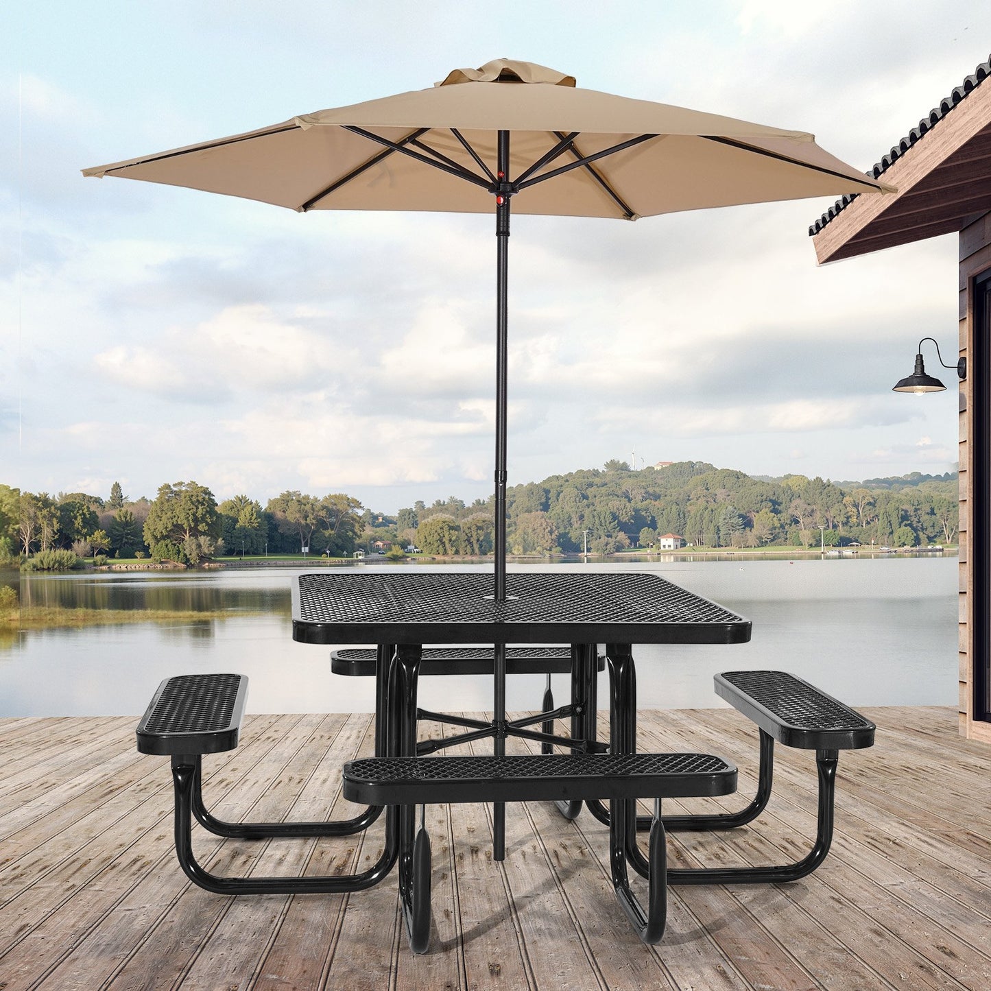 Picnic Table, Outdoor Weather Resistant Patio Dining Furniture Set, Heavy Duty Coated Steel Tables with Umbrella Hole, 45.7 in Square Table and Bench Set, for Garden, Backyard, Porch, Black