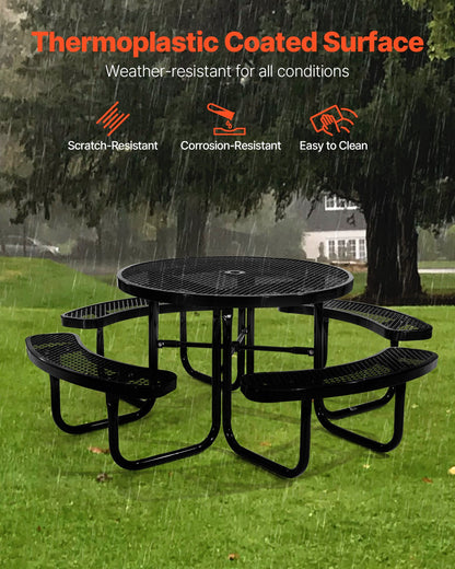 Robuster Picknicktisch, wetterfestes Gartenmöbel-Set, beschichteter Stahltisch mit Schirmloch, runder Tisch und Bank (117 cm Durchmesser), für Garten, Hinterhof, Veranda (Schwarz)