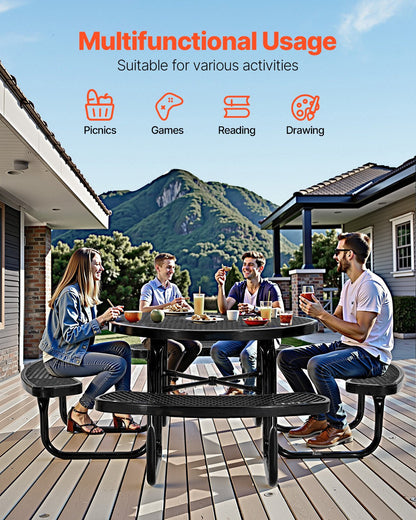 Robuster Picknicktisch, wetterfestes Gartenmöbel-Set, beschichteter Stahltisch mit Schirmloch, runder Tisch und Bank (117 cm Durchmesser), für Garten, Hinterhof, Veranda (Schwarz)