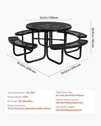 Robuster Picknicktisch, wetterfestes Gartenmöbel-Set, beschichteter Stahltisch mit Schirmloch, runder Tisch und Bank (117 cm Durchmesser), für Garten, Hinterhof, Veranda (Schwarz)