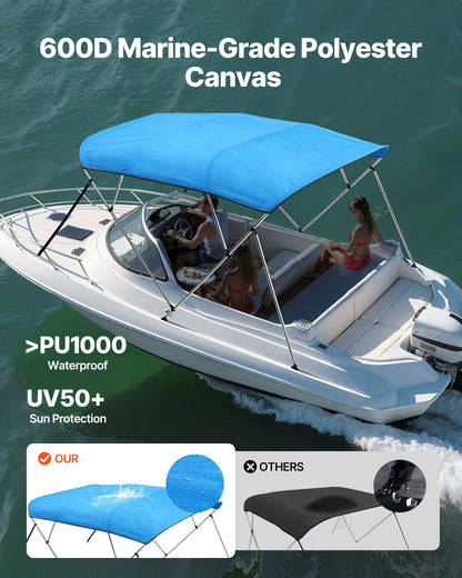 4 Bow Boat Bimini Tops, 600D Polyester Canopy with Aluminum Alloy Frame, Waterproof & Sun Shade Boat Awning Canopy with Storage Bag, 2 Support Poles, 4 Straps, 96"Lx(73"-78")Wx54"H, Pacific Blue