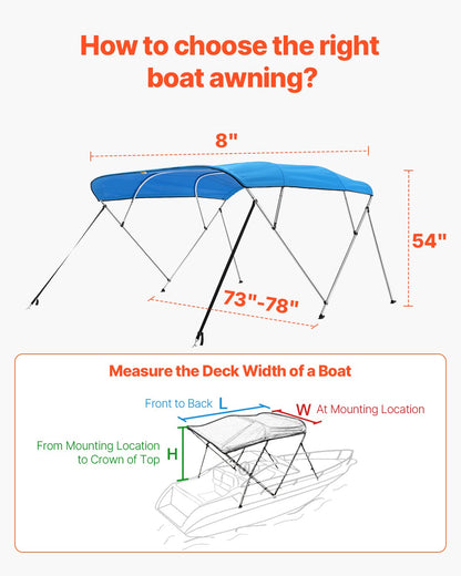 4 Bow Boat Bimini Tops, 600D Polyester Canopy with Aluminum Alloy Frame, Waterproof & Sun Shade Boat Awning Canopy with Storage Bag, 2 Support Poles, 4 Straps, 96"Lx(73"-78")Wx54"H, Pacific Blue