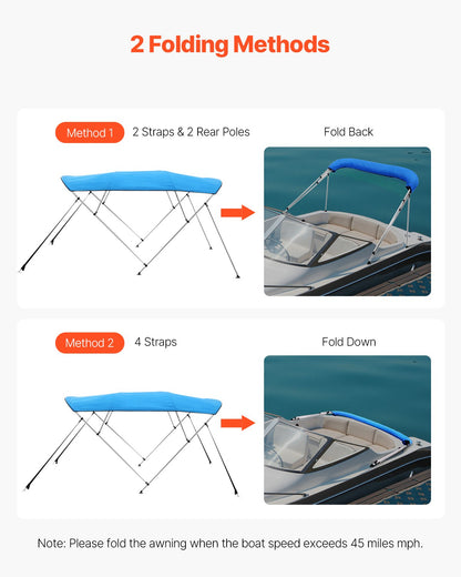 4 Bow Boat Bimini Tops, 600D Polyester Canopy with Aluminum Alloy Frame, Waterproof & Sun Shade Boat Awning Canopy with Storage Bag, 2 Support Poles, 4 Straps, 96"Lx(79"-84")Wx54"H, Pacific Blue