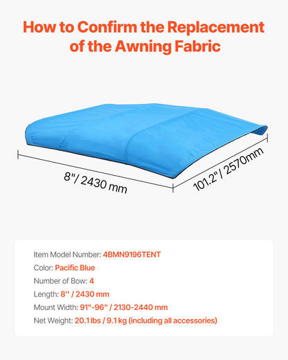 4 Bow Boat Bimini Tops, 600D Polyester Canopy, Waterproof & Sun Protection Boat Awning Canopy with Storage Bag, Bimini Top Replacement, 96"Lx(91"-96")W, Pacific Blue (Support Frame Not Included)