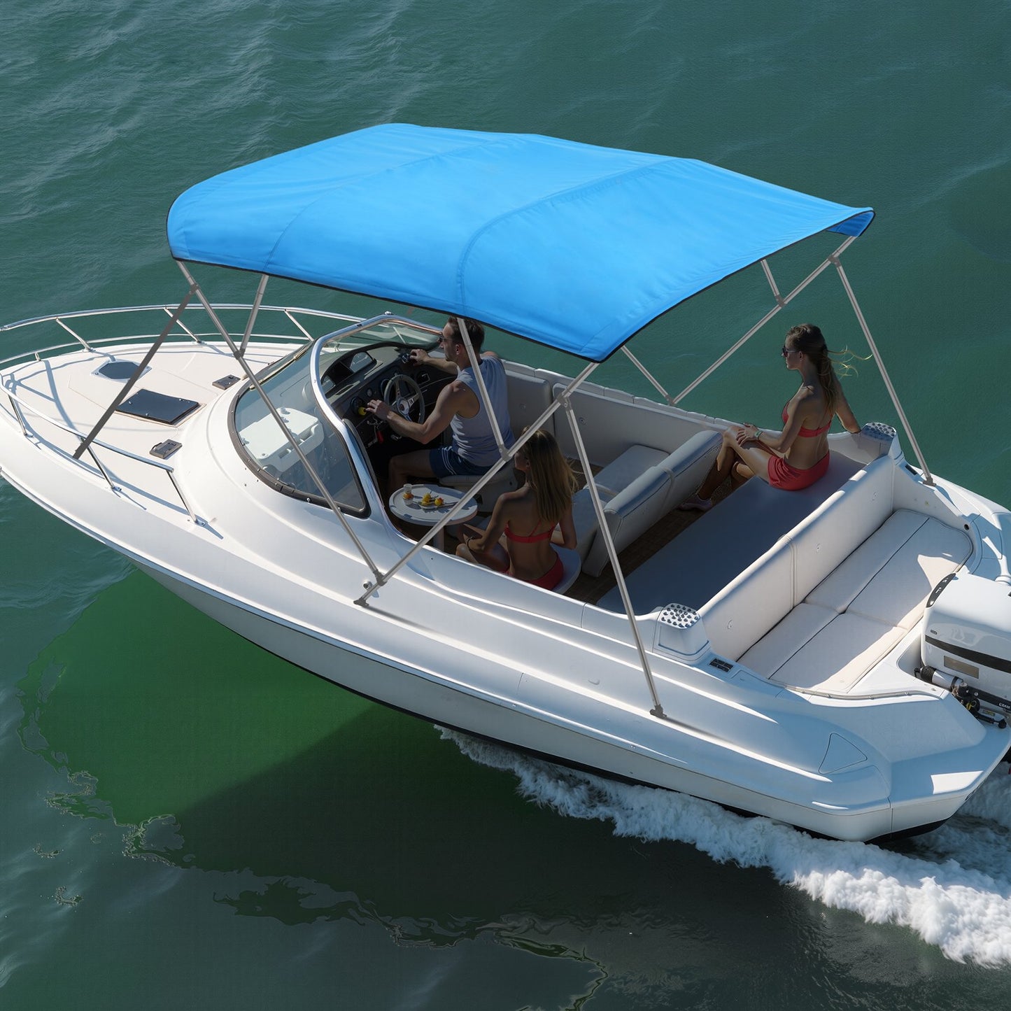 4 Bow Boat Bimini Tops, 600D Polyester Canopy, Waterproof & Sun Protection Boat Awning Canopy with Storage Bag, Bimini Top Replacement, 96"Lx(91"-96")W, Pacific Blue (Support Frame Not Included)