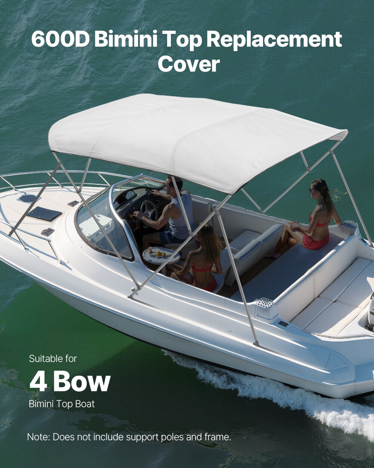 4 Bow Boat Bimini Tops, 600D Polyester Canopy, Waterproof & Sun Protection Boat Awning Canopy with Storage Bag, Bimini Top Replacement, 96"Lx(91"-96")W, Light Grey (Support Frame Not Included)