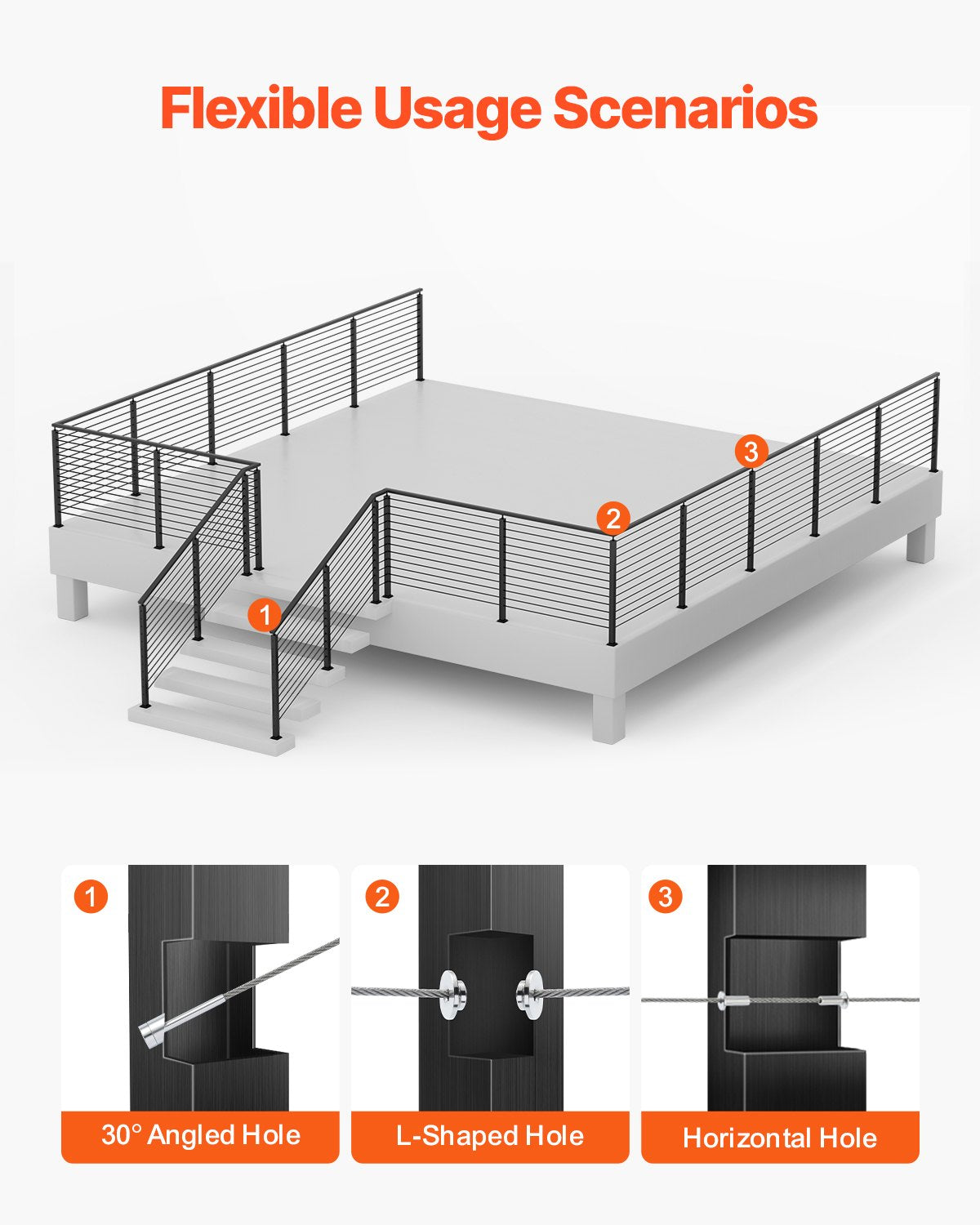 4er-Pack Kabelgeländerpfosten, 42 x 1 x 2 Zoll, horizontale Geländerpfosten mit vorgebohrten Löchern, Edelstahl-Kabelgeländerpfosten mit horizontaler und gebogener Halterung, Schwarz, 4JZLGZXHS106REP67001V0