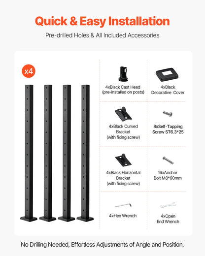 4er-Pack Kabelgeländerpfosten, 42 x 1 x 2 Zoll, horizontale Geländerpfosten mit vorgebohrten Löchern, Edelstahl-Kabelgeländerpfosten mit horizontaler und gebogener Halterung, Schwarz, 4JZLGZXHS106REP67001V0