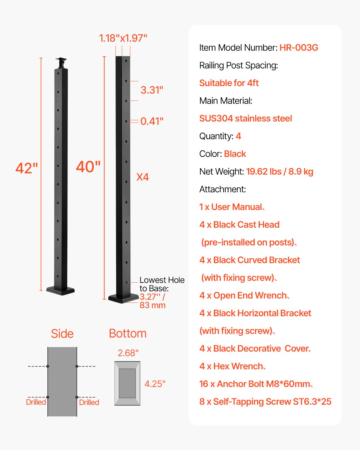 4er-Pack Kabelgeländerpfosten, 42 x 1 x 2 Zoll, horizontale Geländerpfosten mit vorgebohrten Löchern, Edelstahl-Kabelgeländerpfosten mit horizontaler und gebogener Halterung, Schwarz, 4JZLGZXHS106REP67001V0