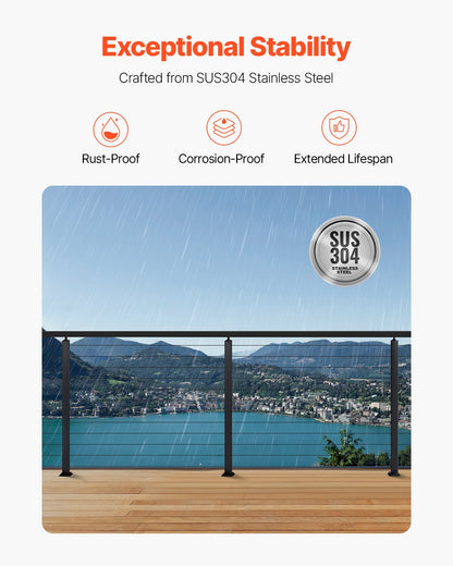 4er-Pack Kabelgeländerpfosten, 42 x 2 x 2 Zoll, horizontale Geländerpfosten mit vorgebohrten Löchern, Edelstahl-Kabelgeländerpfosten mit horizontaler und gebogener Halterung, Schwarz, 4JZLGZXHS106URZU0001V0
