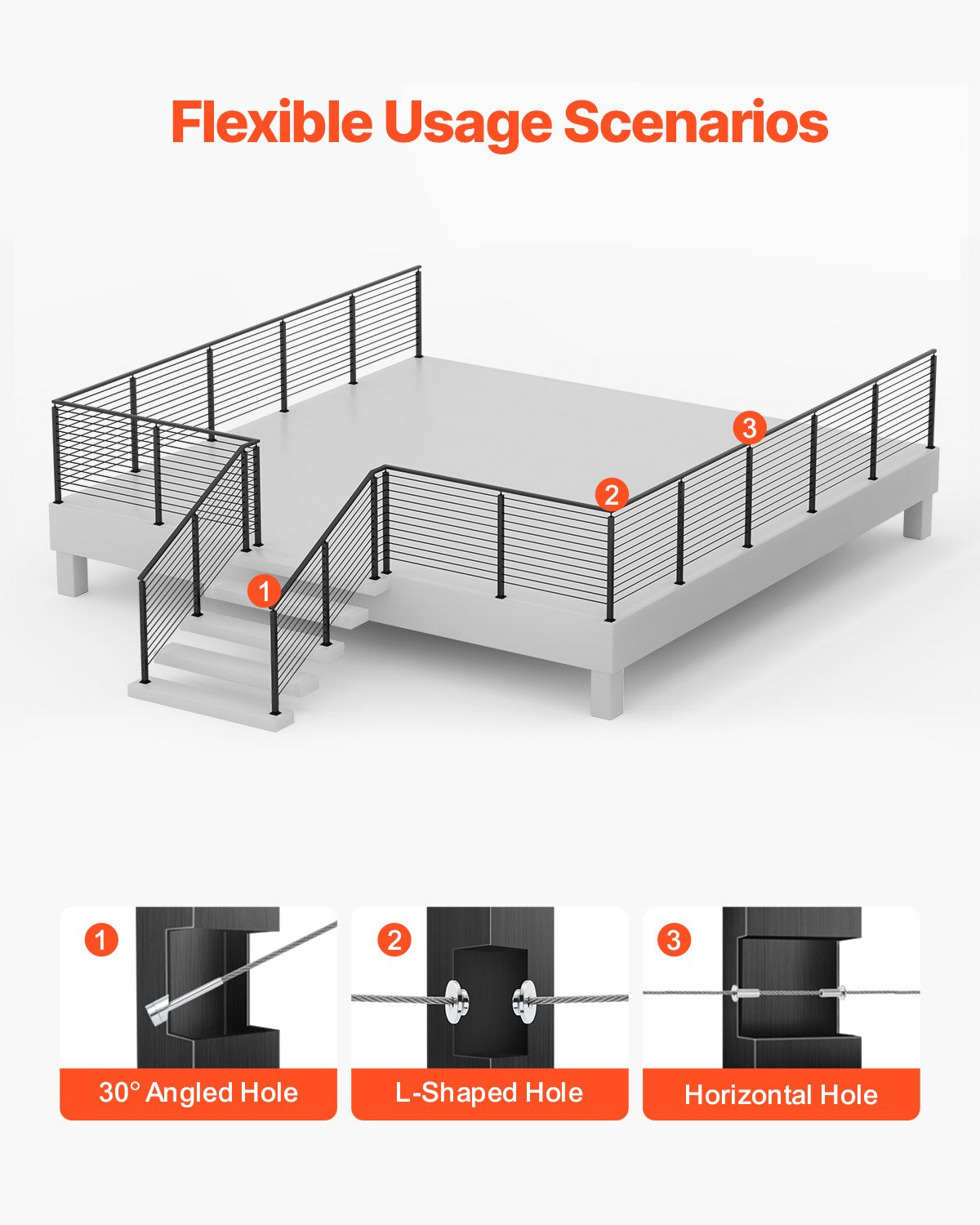 4er-Pack Kabelgeländerpfosten, 42 x 2 x 2 Zoll, horizontale Geländerpfosten mit vorgebohrten Löchern, Edelstahl-Kabelgeländerpfosten mit horizontaler und gebogener Halterung, Schwarz, 4JZLGZXHS106URZU0001V0