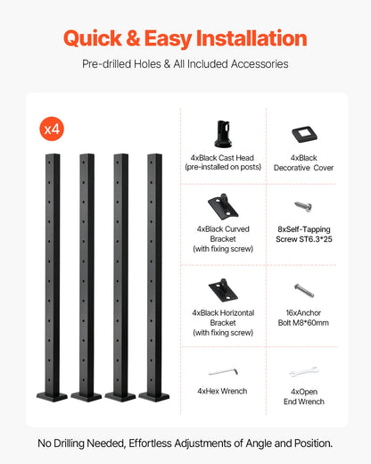 4er-Pack Kabelgeländerpfosten, 42 x 2 x 2 Zoll, horizontale Geländerpfosten mit vorgebohrten Löchern, Edelstahl-Kabelgeländerpfosten mit horizontaler und gebogener Halterung, Schwarz, 4JZLGZXHS106URZU0001V0