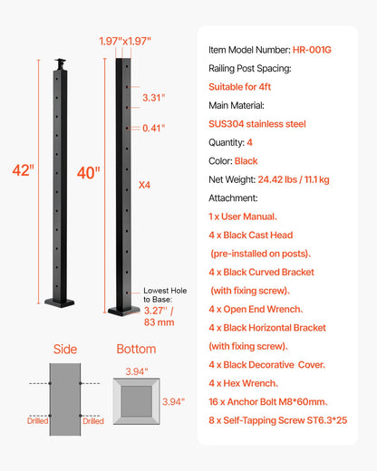 4er-Pack Kabelgeländerpfosten, 42 x 2 x 2 Zoll, horizontale Geländerpfosten mit vorgebohrten Löchern, Edelstahl-Kabelgeländerpfosten mit horizontaler und gebogener Halterung, Schwarz, 4JZLGZXHS106URZU0001V0