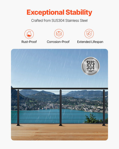 4-Pack Cable Railing Post, 36x2x2 In Horizontal-Hole Deck Railing Post with Pre-Drilled Holes, Stainless Steel Cable Rail Post with Horizontal and Curved Bracket, Black, 4JZLGZXHS914MY65M001V0