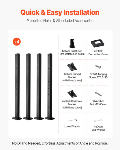 4er-Pack Kabelgeländerpfosten, 36 x 1 x 2 Zoll, horizontale Geländerpfosten mit vorgebohrten Löchern, Edelstahl-Kabelgeländerpfosten mit horizontaler und gebogener Halterung, Schwarz, 4JZLGZXHS914UUOI6001V0