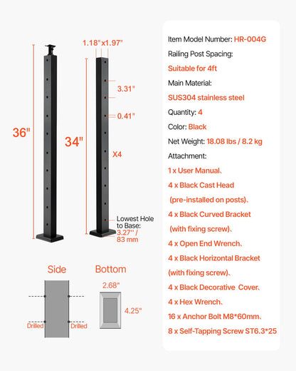 4er-Pack Kabelgeländerpfosten, 36 x 1 x 2 Zoll, horizontale Geländerpfosten mit vorgebohrten Löchern, Edelstahl-Kabelgeländerpfosten mit horizontaler und gebogener Halterung, Schwarz, 4JZLGZXHS914UUOI6001V0