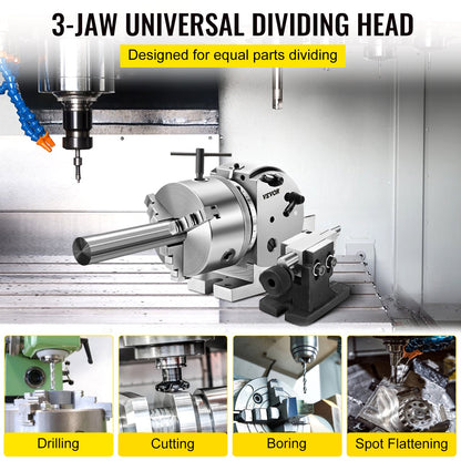 BS-0 Precision Dividing Head, Horizontal Dividing Head with 3-Jaw Chuck, MT2 Tailstock BS-0 12.7 cm Semi Universal Dividing Head for Milling Machine Mill Gear Cutting