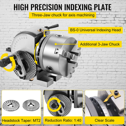 BS-0 Precision Dividing Head, Horizontal Dividing Head with 3-Jaw Chuck, MT2 Tailstock BS-0 12.7 cm Semi Universal Dividing Head for Milling Machine Mill Gear Cutting