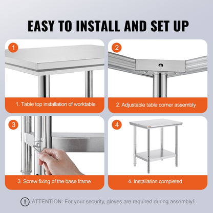 Arbeitstisch 24 x 30 x 32 Zoll (60 x 76 x 80 cm), NSF-zertifizierter Edelstahl-Arbeitstisch für gewerbliche Küchen, Vorbereitungsarbeitsfläche 60 x 76 x 80 cm mit unterer Ablage, silberfarben, für gewerbliche Küchen und Restaurants