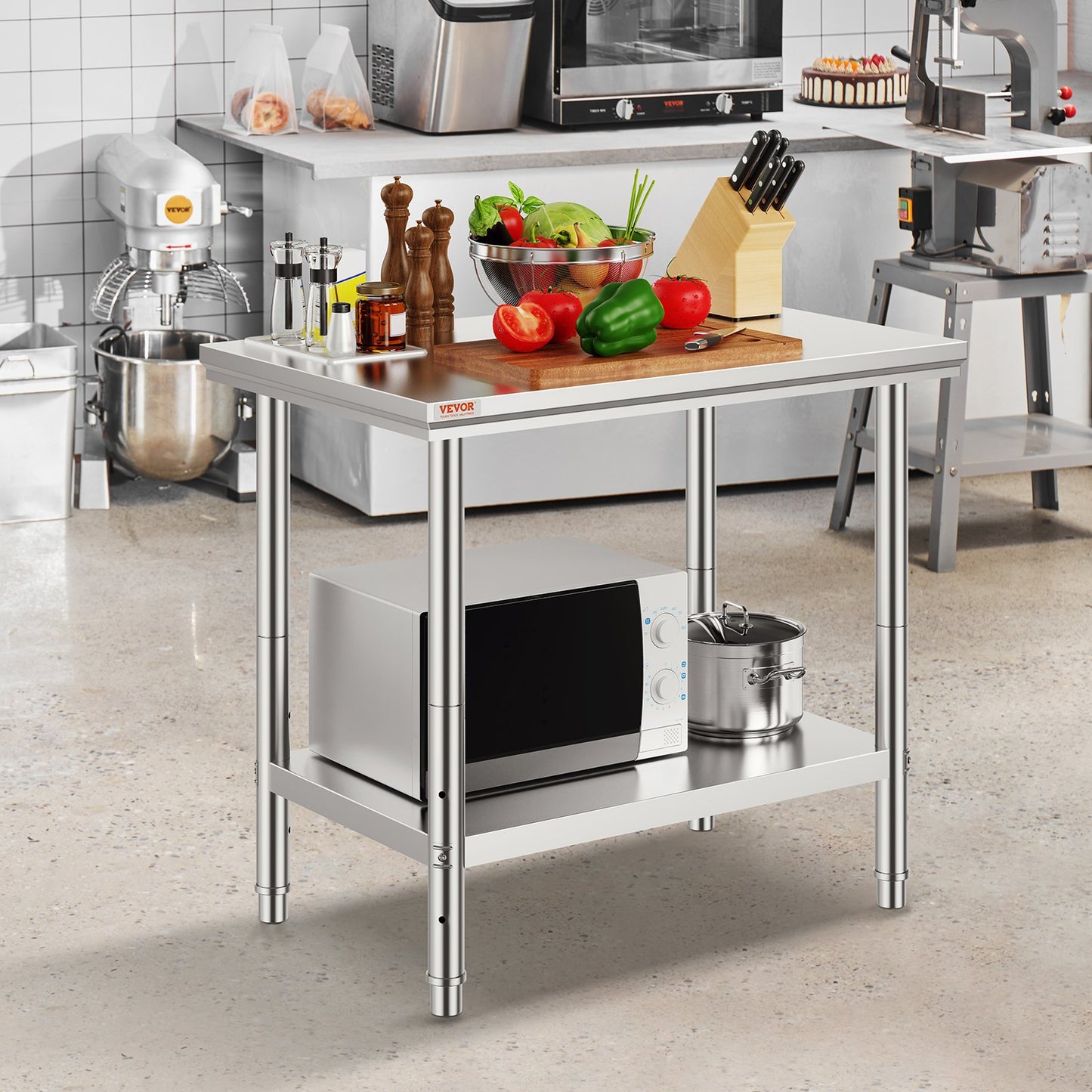 Stainless Steel Prep Table, 900x600x800 mm, 700 lbs Load Capacity, Heavy Duty Metal Worktable with 3 Adjustable Height Levels, Commercial Workstation for Kitchen Garage Restaurant Backyard