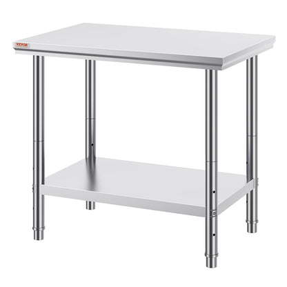 Stainless Steel Prep Table, 900x600x800 mm, 700 lbs Load Capacity, Heavy Duty Metal Worktable with 3 Adjustable Height Levels, Commercial Workstation for Kitchen Garage Restaurant Backyard