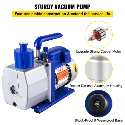 Single Stage Vacuum Pump Rotary Vane 7CFM 1/2HP Deep HVAC