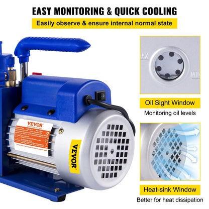 Single Stage Vacuum Pump Rotary Vane 7CFM 1/2HP Deep HVAC