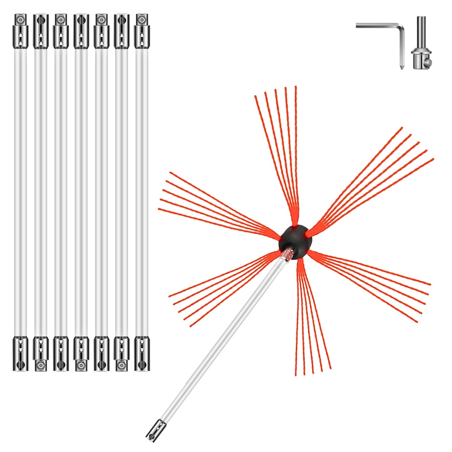 Flexible Schornsteinreinigungsstangen, 8 m Schornsteinkehrstangen, Schornsteinreinigungsset aus Nylon, flexible Schornsteinkehrstangen mit Bürstenkopf, einfach zu verbindende Schornsteinbürste mit 8 weißen Stangen