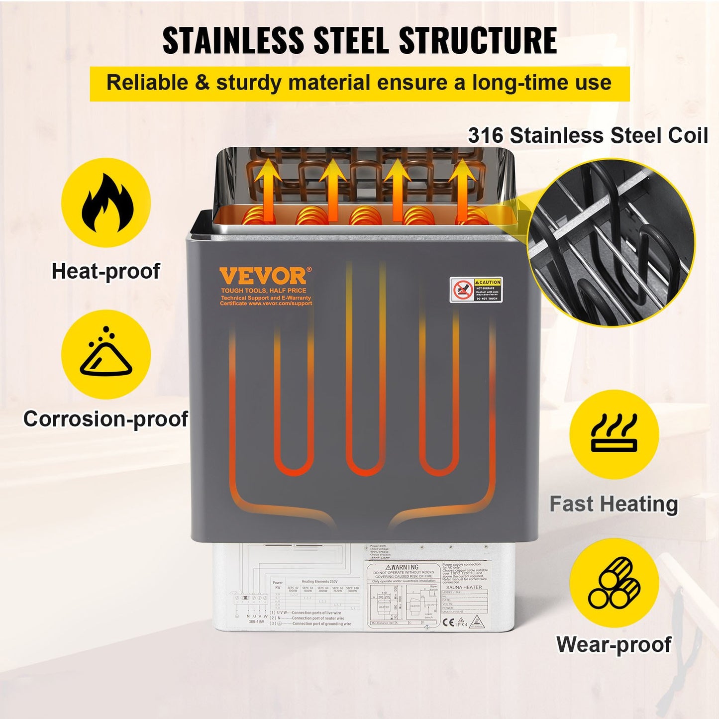 9-kW-Elektro-Saunaofen mit externer Steuerung, Edelstahl, für Räume von 9–13 m³
