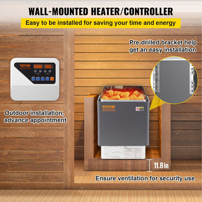 9-kW-Elektro-Saunaofen mit externer Steuerung, Edelstahl, für Räume von 9–13 m³