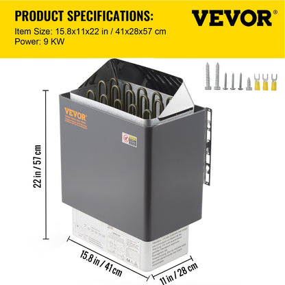 9-kW-Elektro-Saunaofen mit externer Steuerung, Edelstahl, für Räume von 9–13 m³