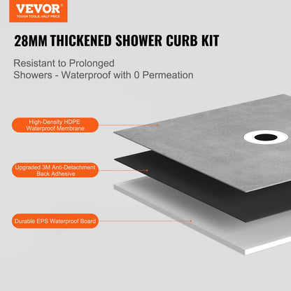 Shower Curb Kit, 1219x1524mm Shower Pan Kit with 50.8mm ABS Central Flange, Waterproof Membrane, Stainless Steel Grate, Shower Pan Slope Sticks Fit for Bathroom