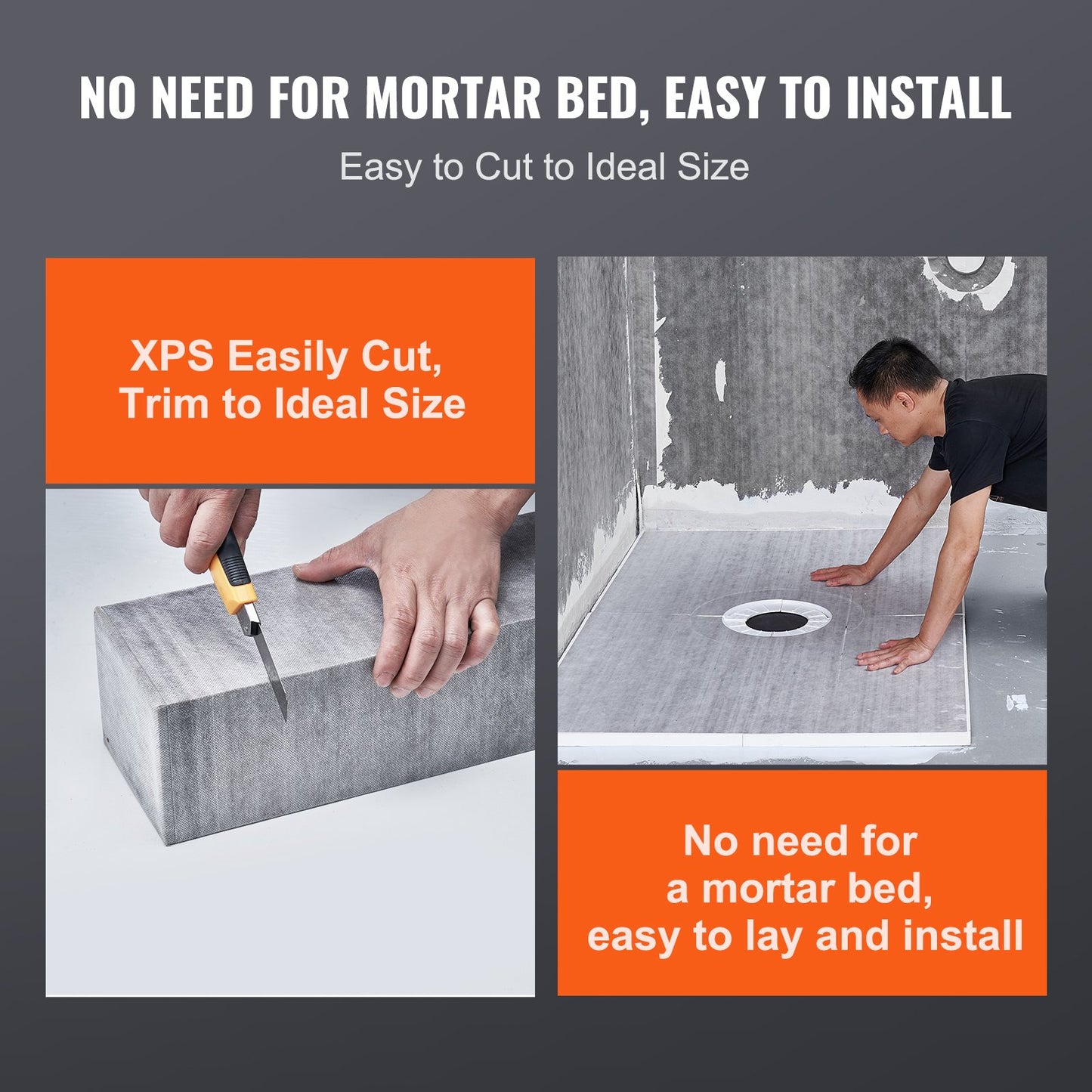 Shower Curb Kit, 1219x1524mm Shower Pan Kit with 50.8mm ABS Central Flange, Waterproof Membrane, Stainless Steel Grate, Shower Pan Slope Sticks Fit for Bathroom