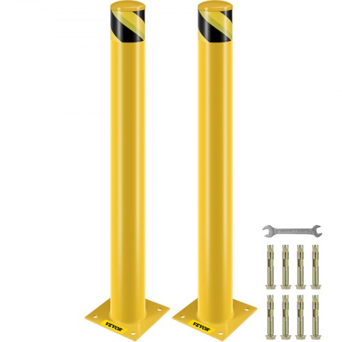 Safety Bollard, 42 Inch Height Bollard Post, 4.5 Inch Diameter Steel Pipe Safety Bollard Post, Yellow Steel Bollard, Steel Safety Bollard with 8 Anchor Bolts, Perfect for Traffic-Sensitive Area