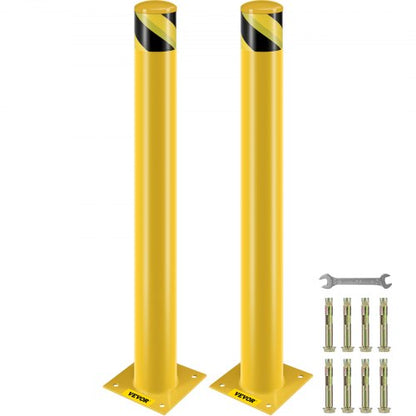 Safety Bollard, 42 Inch Height Bollard Post, 4.5 Inch Diameter Steel Pipe Safety Bollard Post, Yellow Steel Bollard, Steel Safety Bollard with 8 Anchor Bolts, Perfect for Traffic-Sensitive Area