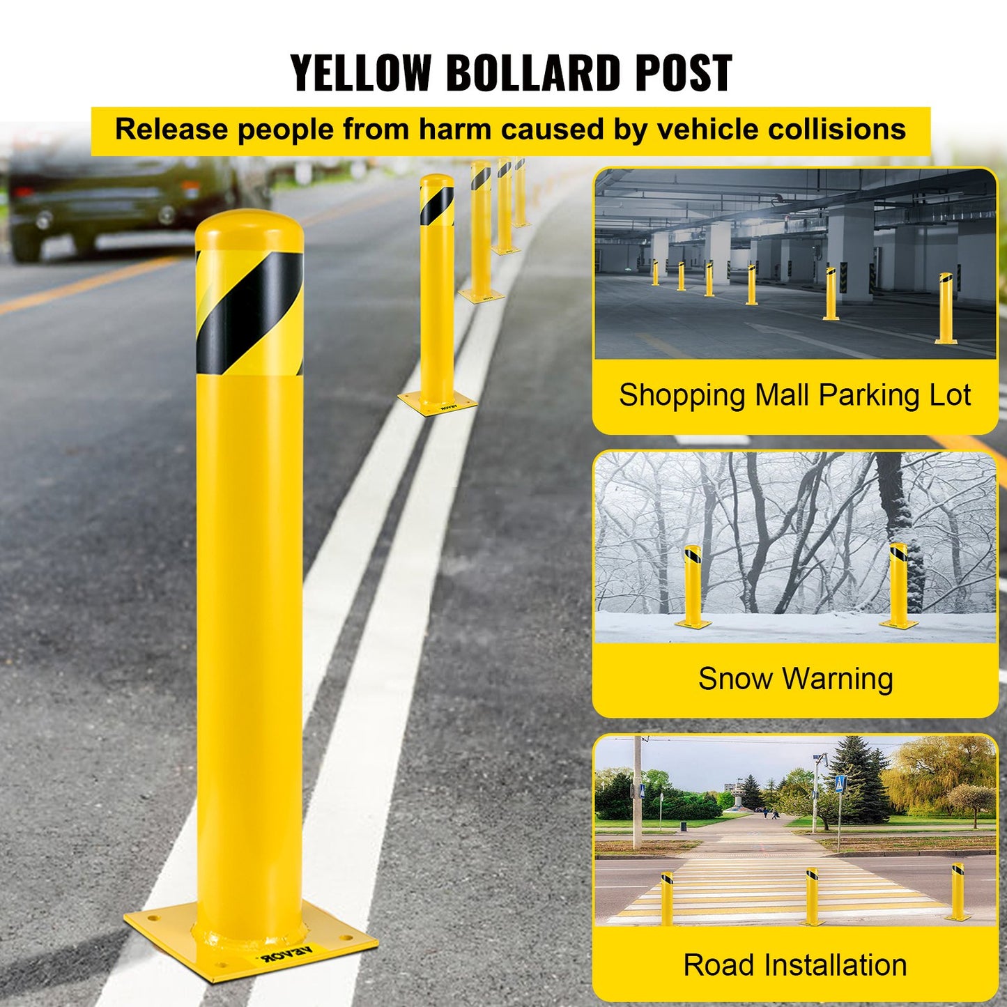 Safety Bollard, 48 Inch Height Bollard Post, 4.5 Inch Diameter Steel Pipe Safety Bollard Post, Yellow Steel Bollard, Steel Safety Bollard with 8 Anchor Bolts, Perfect for Traffic-Sensitive Area