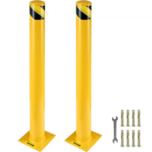 Safety Bollard, 48 Inch Height Bollard Post, 5.5 Inch Diameter Steel Pipe Safety Bollard Post, Yellow Steel Bollard, Steel Safety Bollard with 8 Anchor Bolts, Perfect for Traffic-Sensitive Area