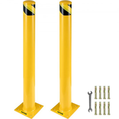 Safety Bollard, 48 Inch Height Bollard Post, 5.5 Inch Diameter Steel Pipe Safety Bollard Post, Yellow Steel Bollard, Steel Safety Bollard with 8 Anchor Bolts, Perfect for Traffic-Sensitive Area
