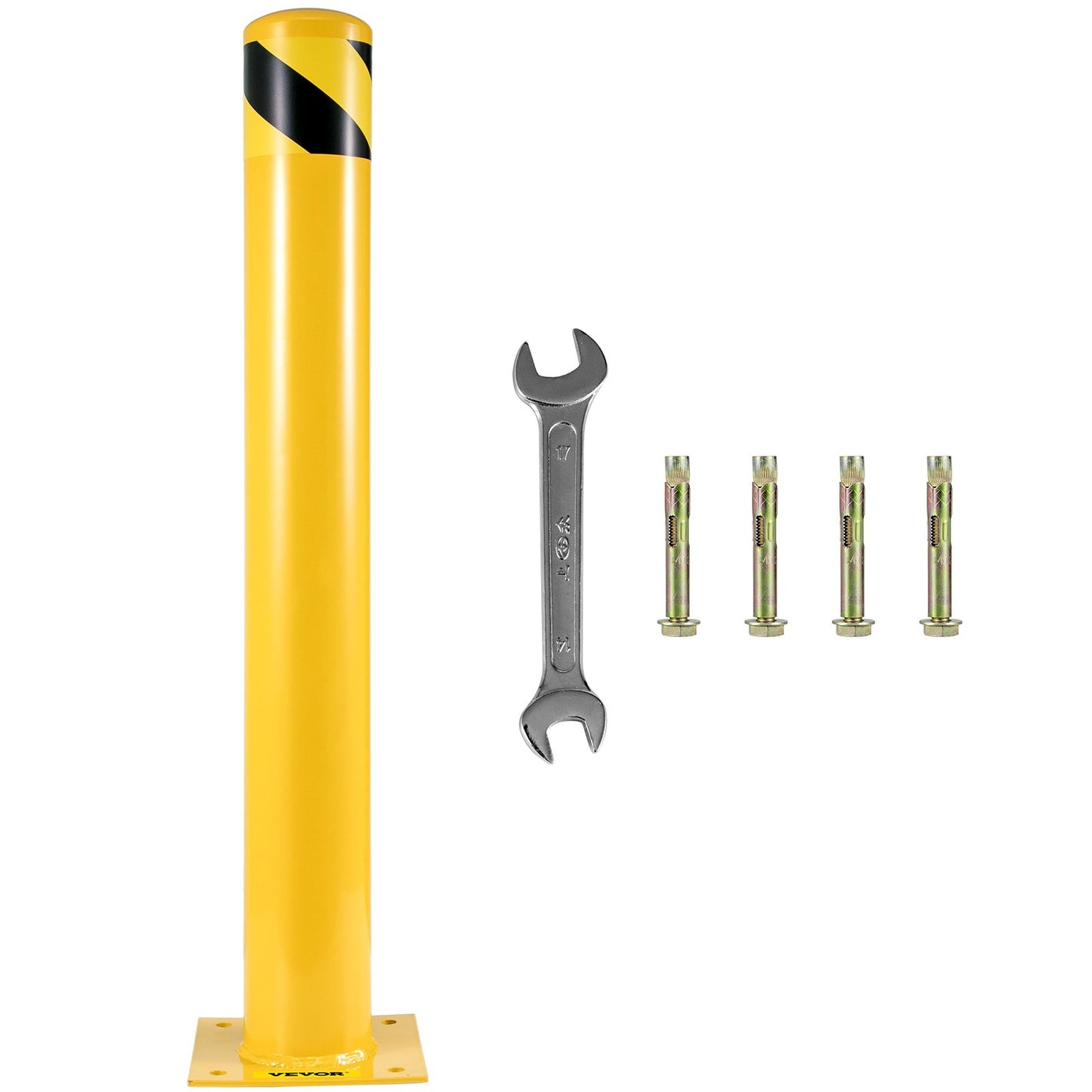 Safety Bollard, 48 Inch Height Bollard Post, 5.5 Inch Diameter Steel Pipe Safety Bollard Post, Yellow Steel Bollard, Steel Safety Bollard with 8 Anchor Bolts, Perfect for Traffic-Sensitive Area