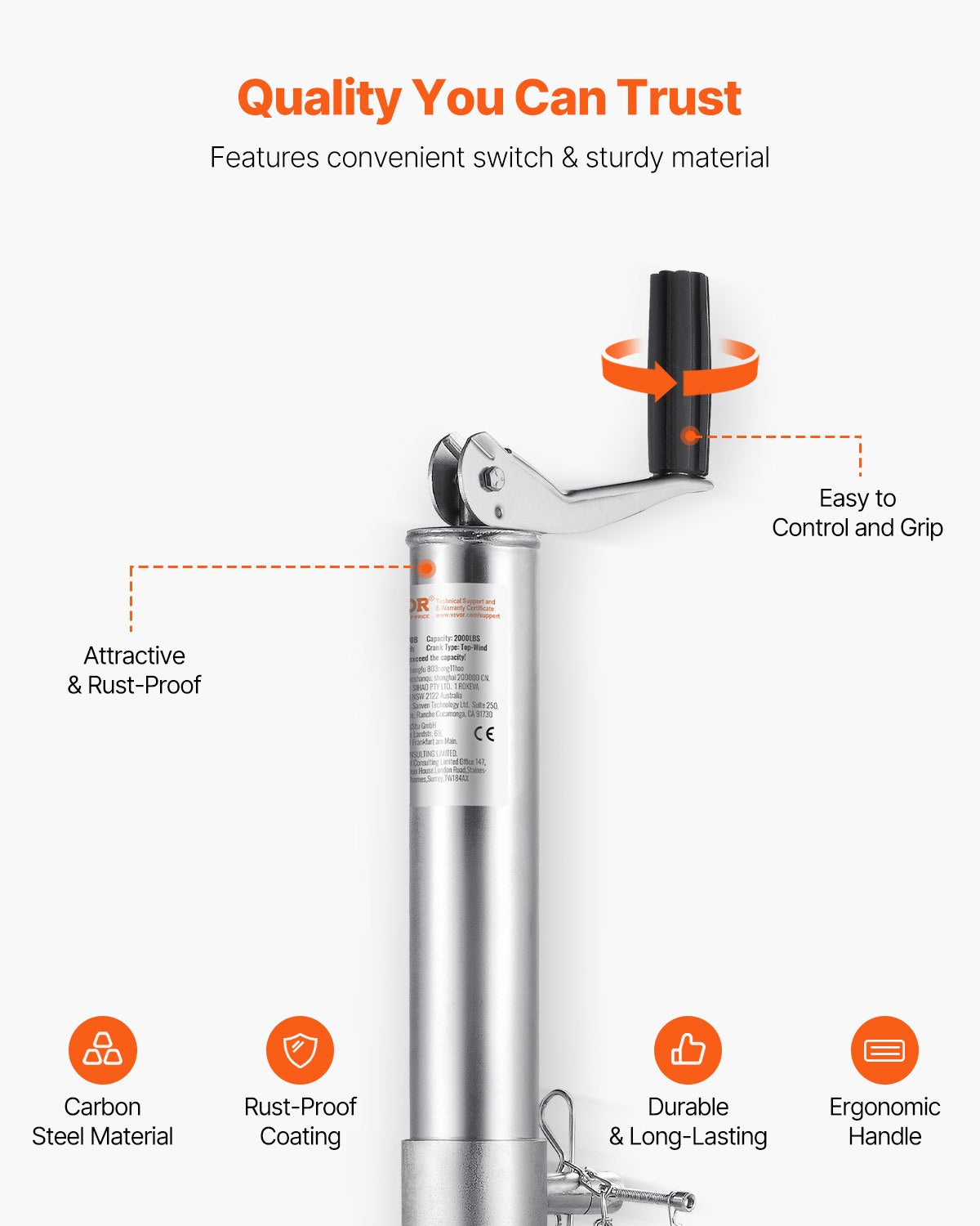 A Frame Trailer Jack Bolt on Trailer Tongue Jack 2000 lbs 14.2" Travel