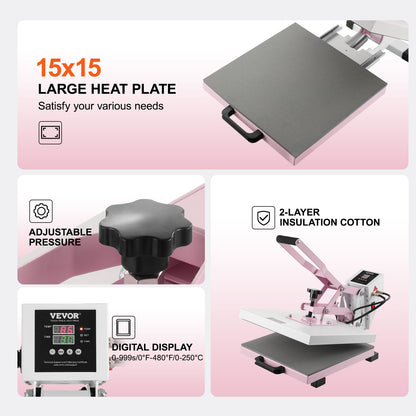 Heat Press Machine 38x38 cm Slide Out Heat Transfer Machine T-Shirts Pink